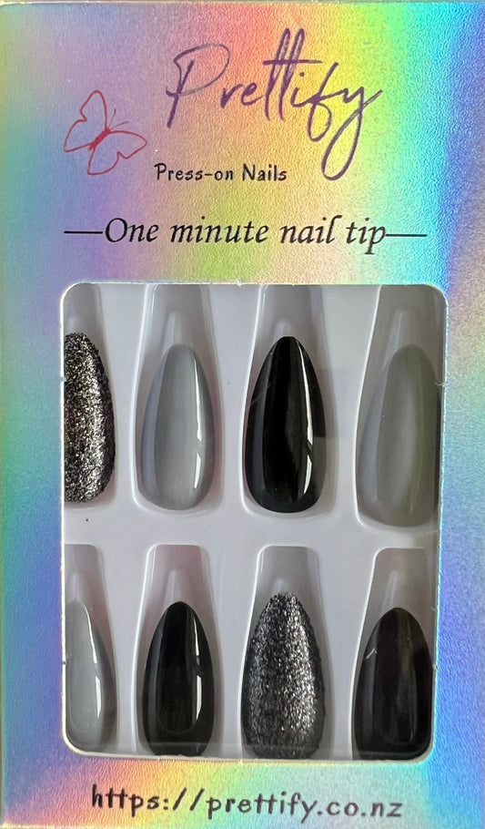 Grey, Black & Silver Glitter - Almond #W267