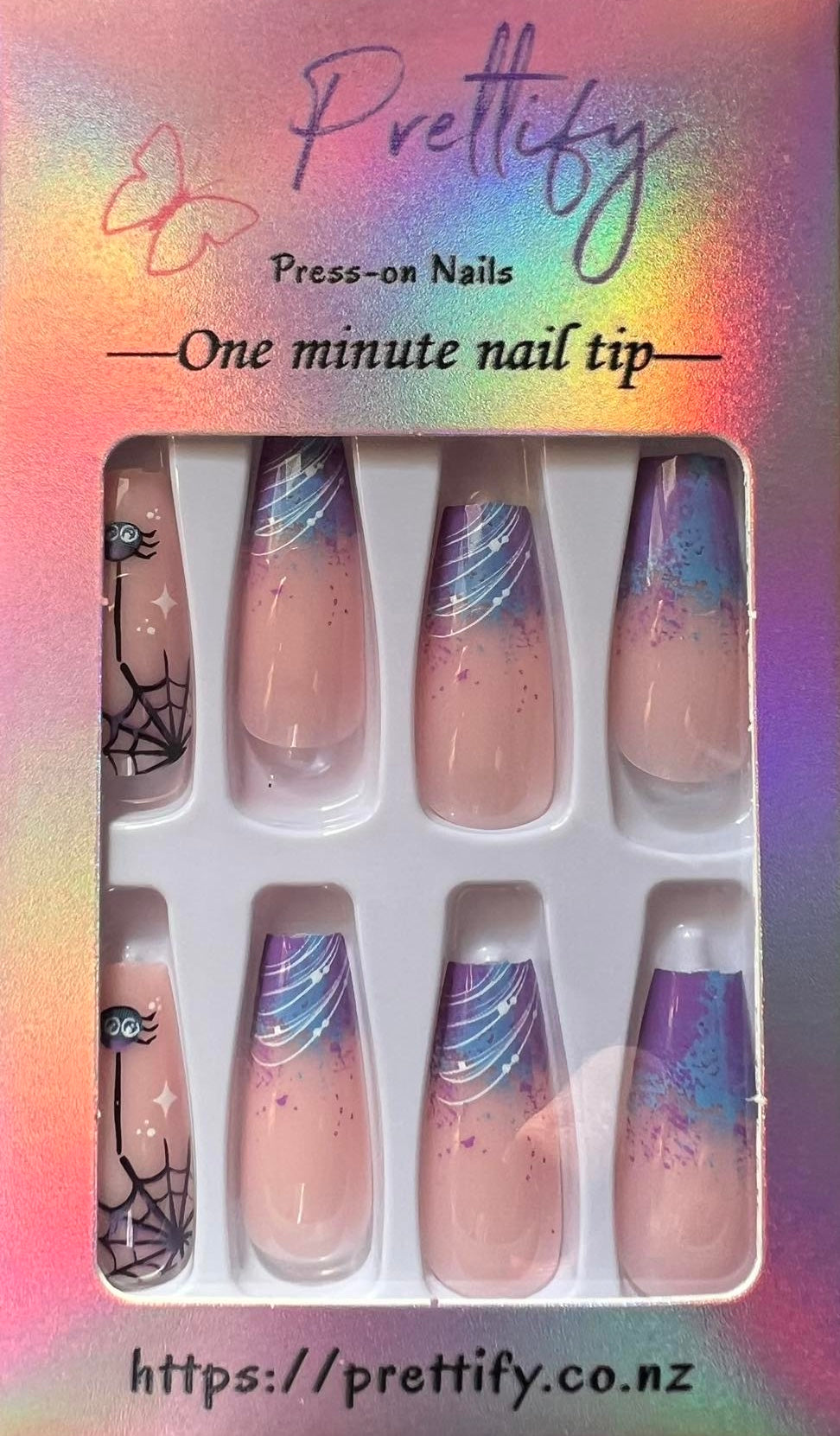Blue & Purple Tips, Spider & Web & Skeleton - Coffin #W804