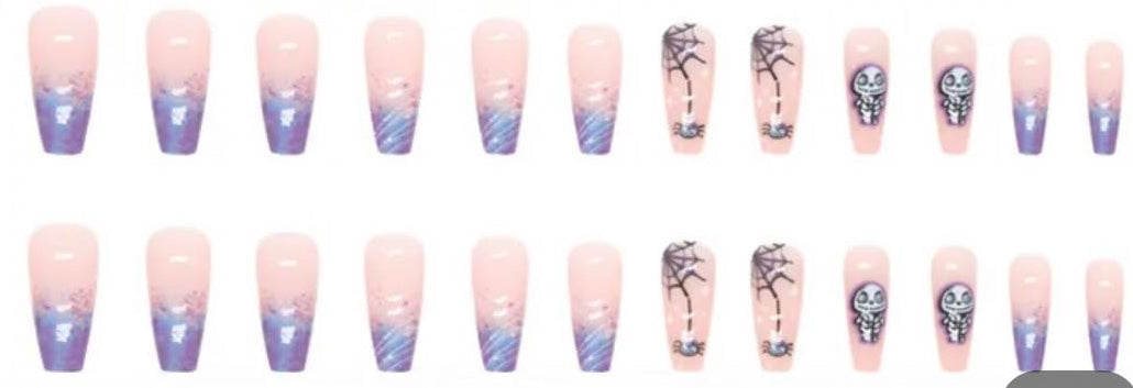 Spooky Halloween Press on Nails.Medium Length Coffin Nails. Pin with Blue, Purple & White Tips with Spiders and Spider Webs and Skeletons.