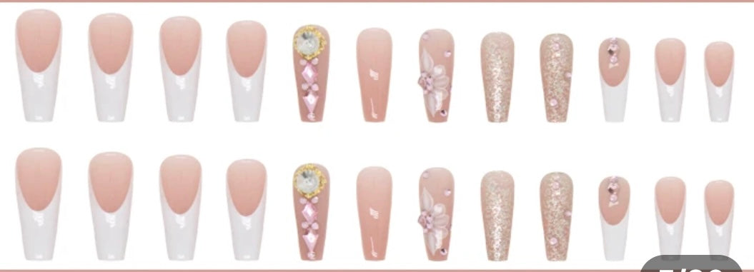 White Tips & Pink with Glitter & Jewels - Coffin #Z757