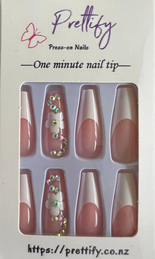 White Tips & White Flowers with Jewels - Coffin #Z270