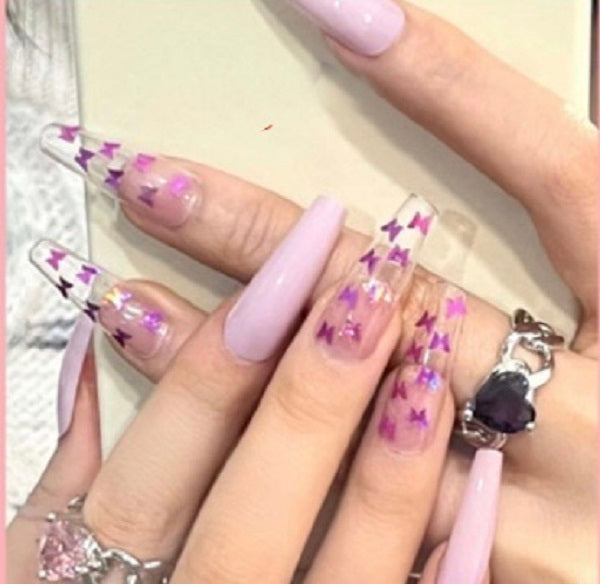 Long Coffin Press on Nails. Pale Pink & Clear with Pink Butterflies. Easy and quick to apply. Great for those special occasions, parties or add an edge to any outfit. Gorgeous, flattering and you can re-use them again and again.