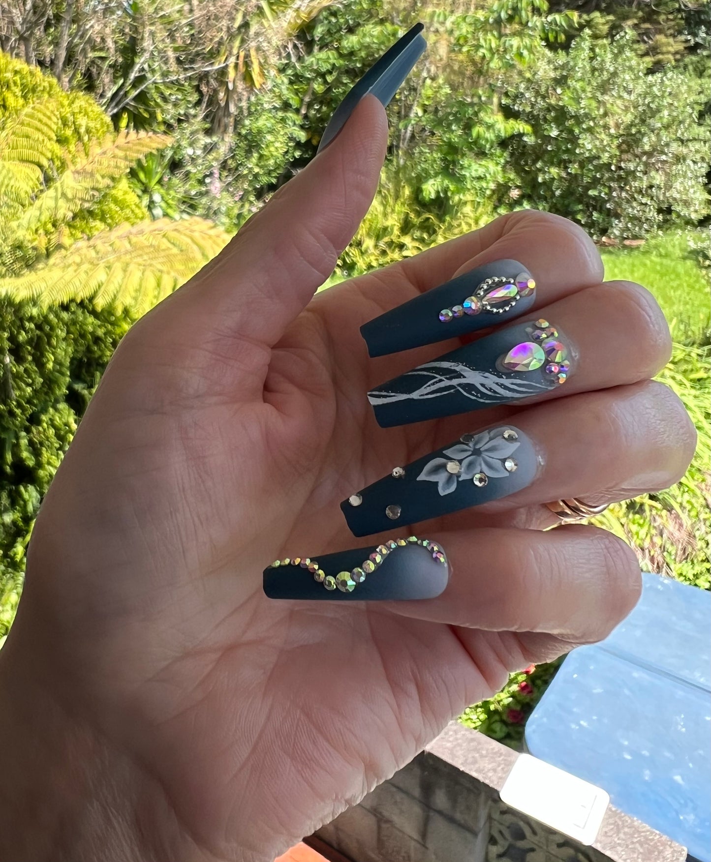 Midnight Blue & Pale Blue with White Flowers, Swirls & Jewels - Coffin #BKS1544