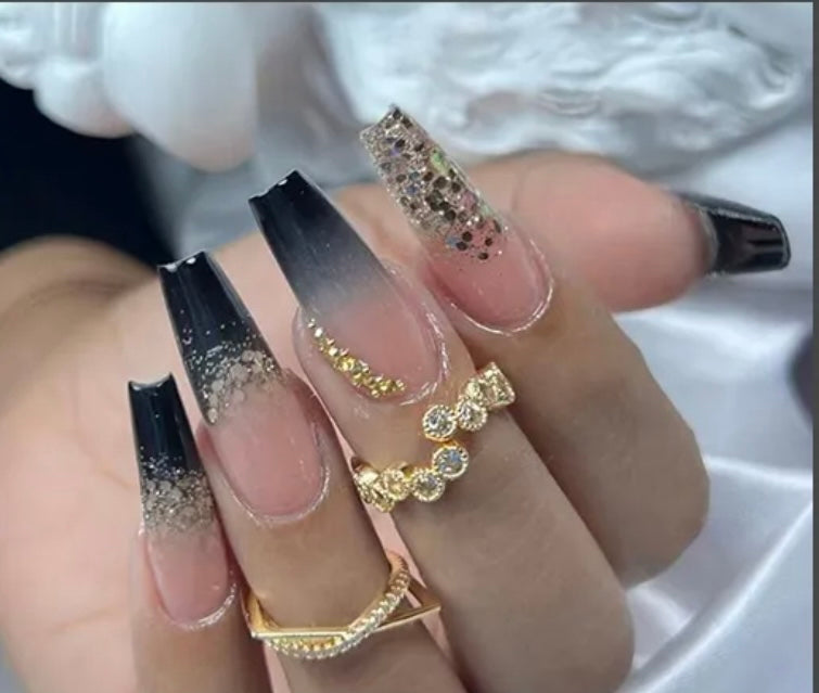 Black & Clear with Silver Glitter & Gold Jewels - Coffin #Z706