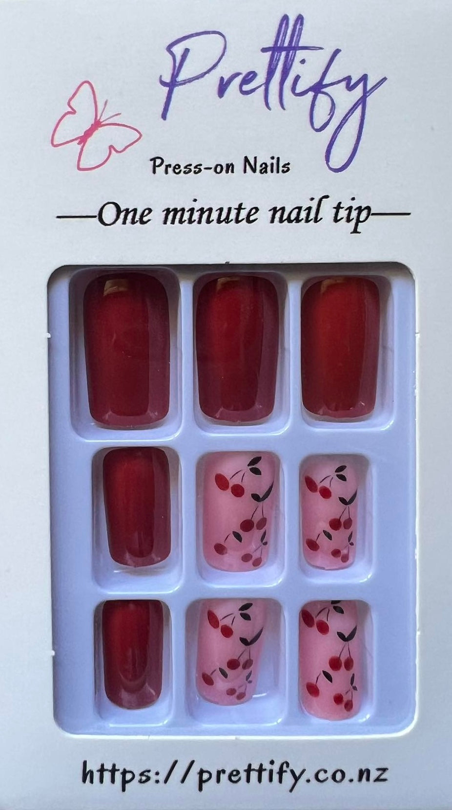 Squoval Press on Nails. Red & Pink with Cherries. Durable Acrylic Press on Nails. Easy and quick to apply. Great for those special occasions, parties or add an edge to any outfit. Gorgeous, flattering and you can re-use them again and again.