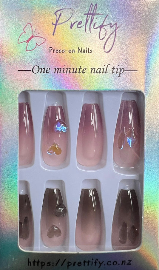 Dark & Pale Pink Ombre & Dark Grey & Pink Ombre with Jewels. Medium Length Coffin Press on Nails. 24pcs.
