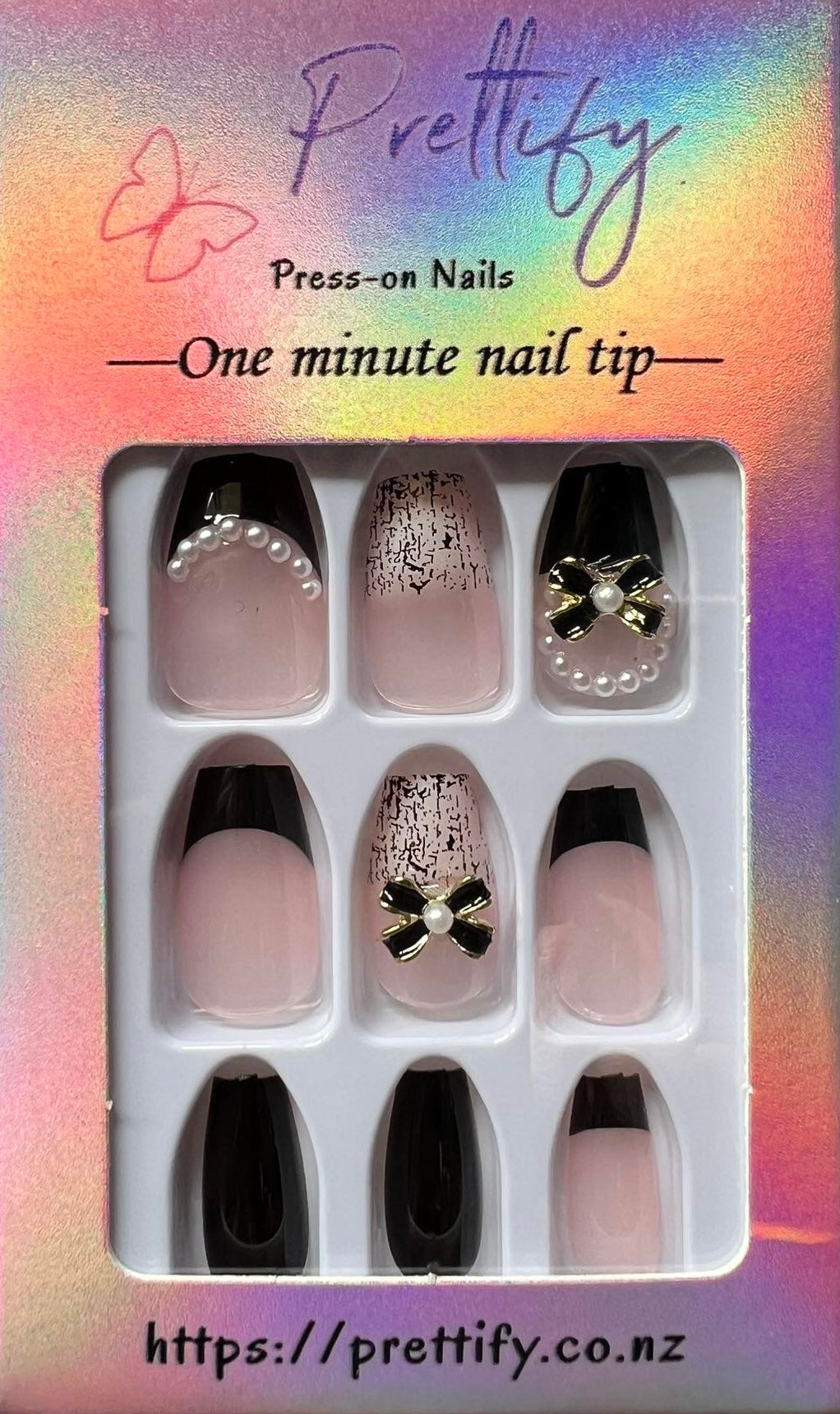 Pale Pink, Black & Pink with Black Tips & White Pearls & Bows - Coffin #W331