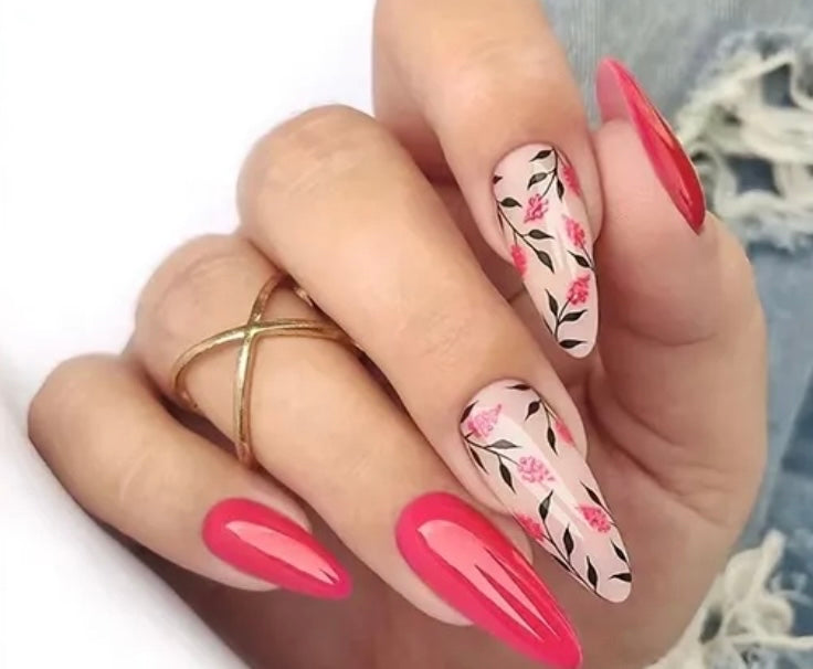 Dark Pink & Cream with Pink Flowers & Green Leaves - Almond #W447