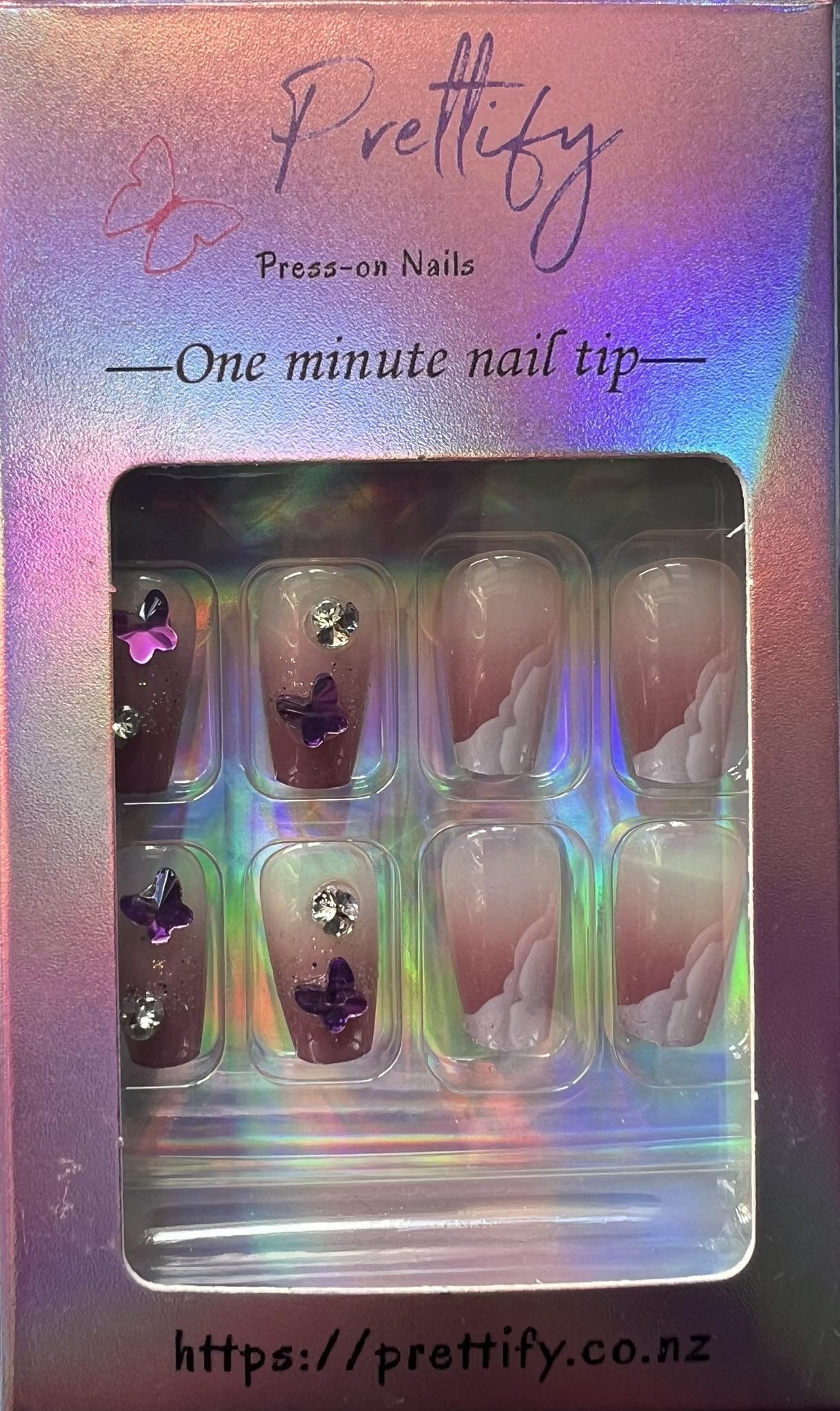 Mauve with White Clouds, Purple Butterflies & Jewels - Short Coffin #Z491