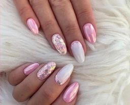 Pale Pink, Pearl White & Pink Glitter - Short Oval #W1424