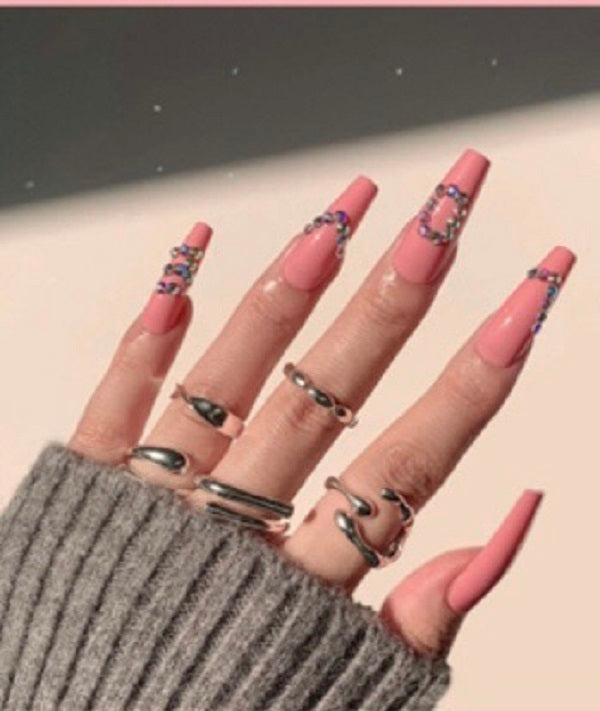 Long Coffin Press on Nails. Pink 'Love' & Jewels. Easy and quick to apply. Great for those special occasions, parties or add an edge to any outfit. Gorgeous, flattering and you can re-use them again and again.