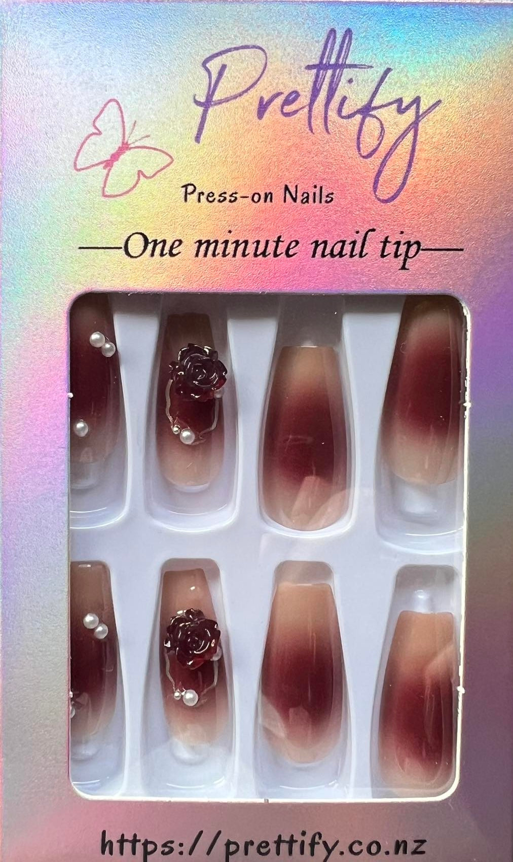 Deep Plum, Clear Tips with Jewels, Butteflies & Flowers - Coffin #Z605