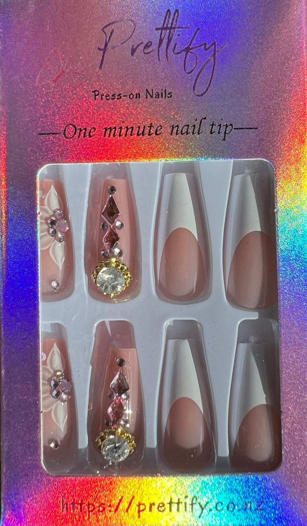 White Tips & Pink with Glitter & Jewels - Coffin #Z757