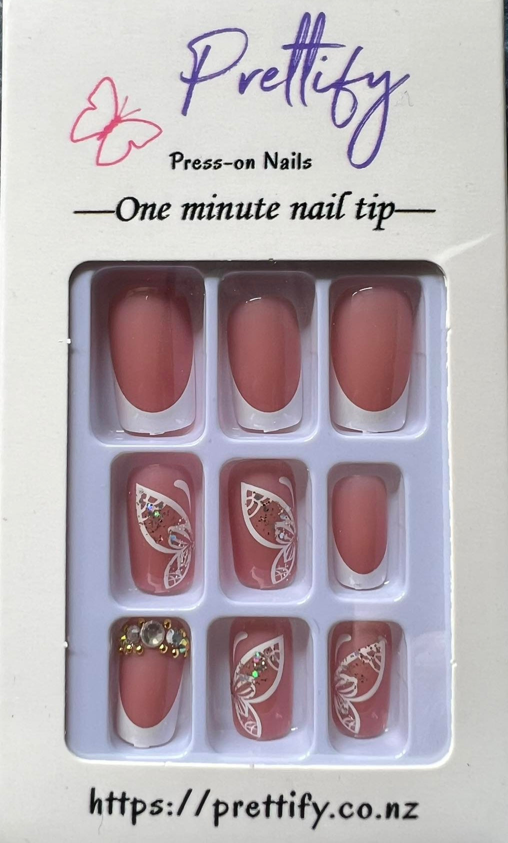 White Tips with Jewels & White Butterflies with Gold Glitter - Square #Z619