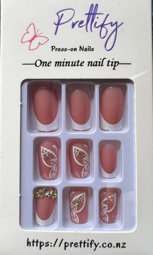 White Tips with Jewels & White Butterflies with Gold Glitter - Square #Z619