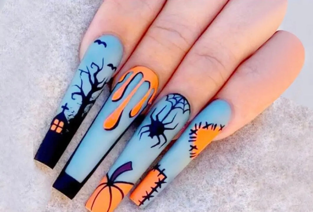Orange & Blue with Spiders & Pumpkins - Coffin #CY118