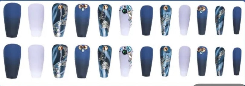 Dark Blue & Pale Blue with Gold Glitter & Grey with White Tips & Jewels - Coffin #BKS1519