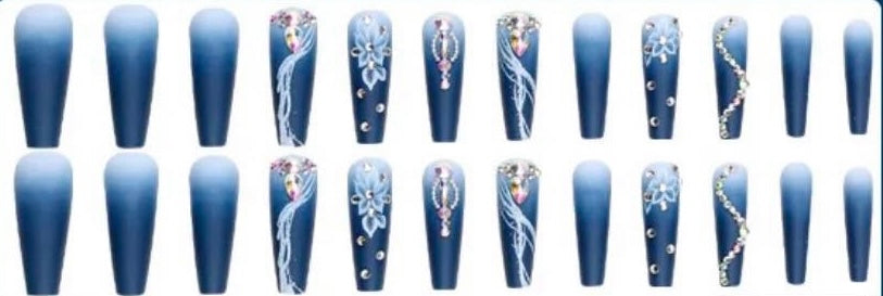 Dark Blue & Pale Blue with White Flowers & Jewels. Press on Nails - Long Coffin Style.