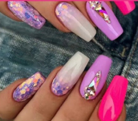 Bright Pink, Lilac & White with Glitter & Jewels - Coffin #Z726