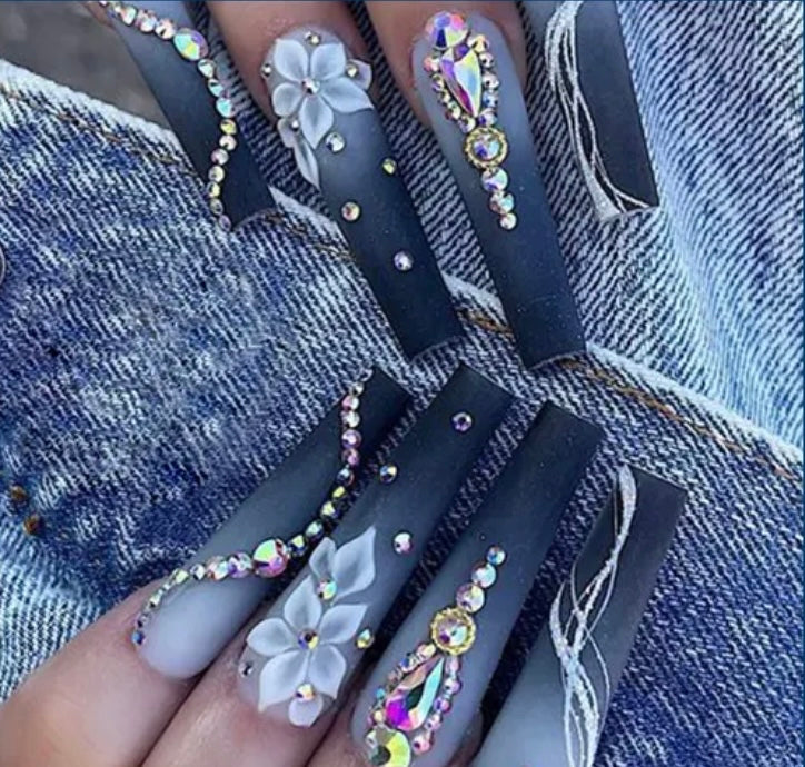 Midnight Blue & Pale Blue with White Flowers, Swirls & Jewels - Coffin #BKS1544