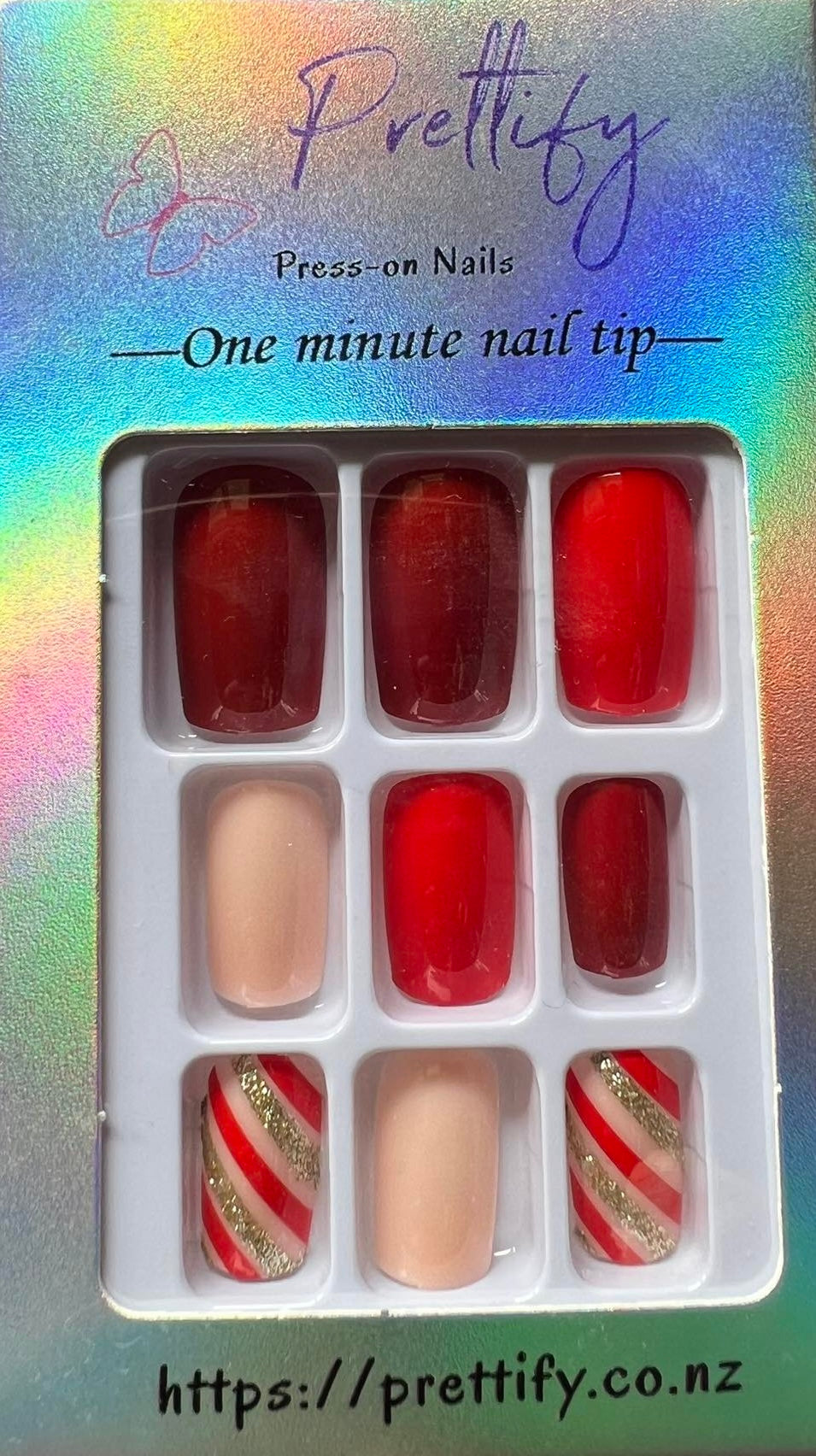 Square Press on Nails. Dark Red, Red & Cream and Red, Cream & Gold Stripes. Durable Acrylic Press on Nails. Easy and quick to apply. Great for those special occasions, parties or add an edge to any outfit. Gorgeous, flattering and you can re-use them again and again.