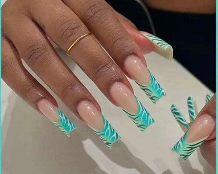 Turquoise, Dark Green & White Swirl Tips - Square Press on Nails