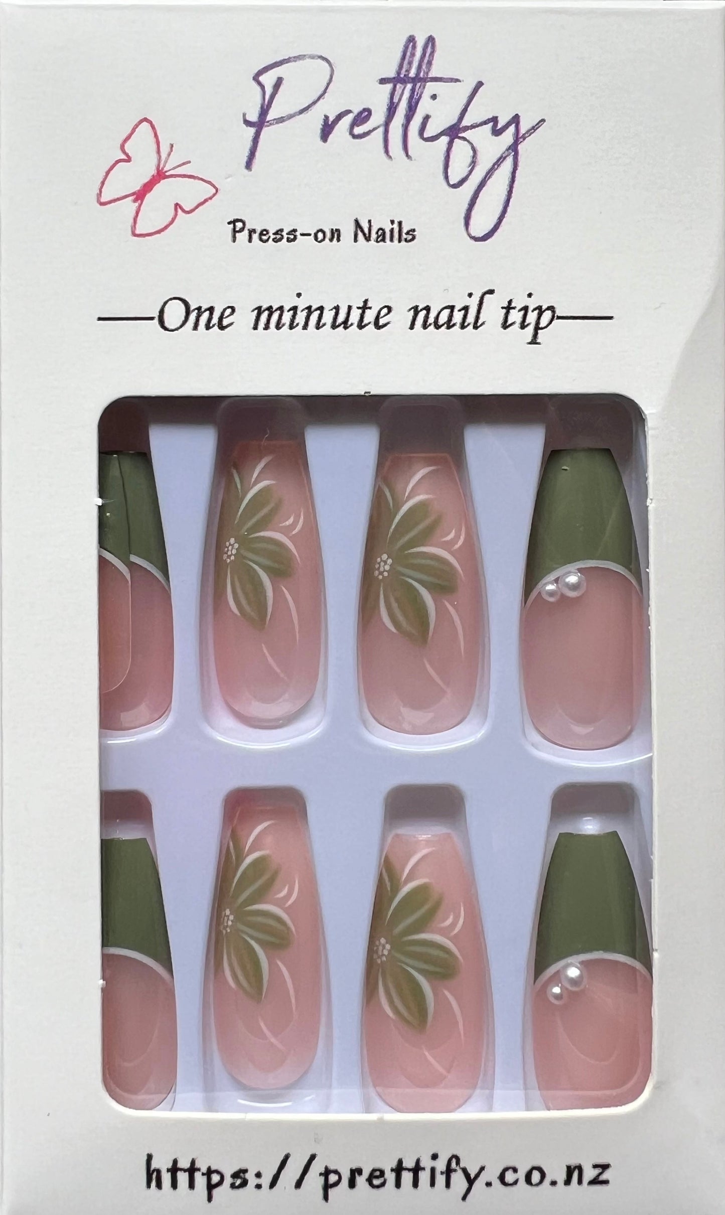 Long Coffin Press on Nails. Pink with Green Tips & Flowers. Easy and quick to apply. Great for those special occasions, parties or add an edge to any outfit. Gorgeous, flattering and you can re-use them again and again.