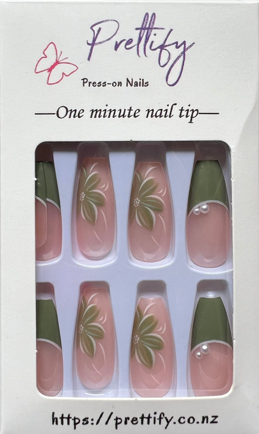 Long Coffin Press on Nails. Pink with Green Tips & Flowers. Easy and quick to apply. Great for those special occasions, parties or add an edge to any outfit. Gorgeous, flattering and you can re-use them again and again.