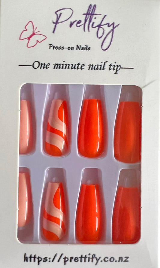 Orange, Peach & Cream Swirl Coffin Style Nails.