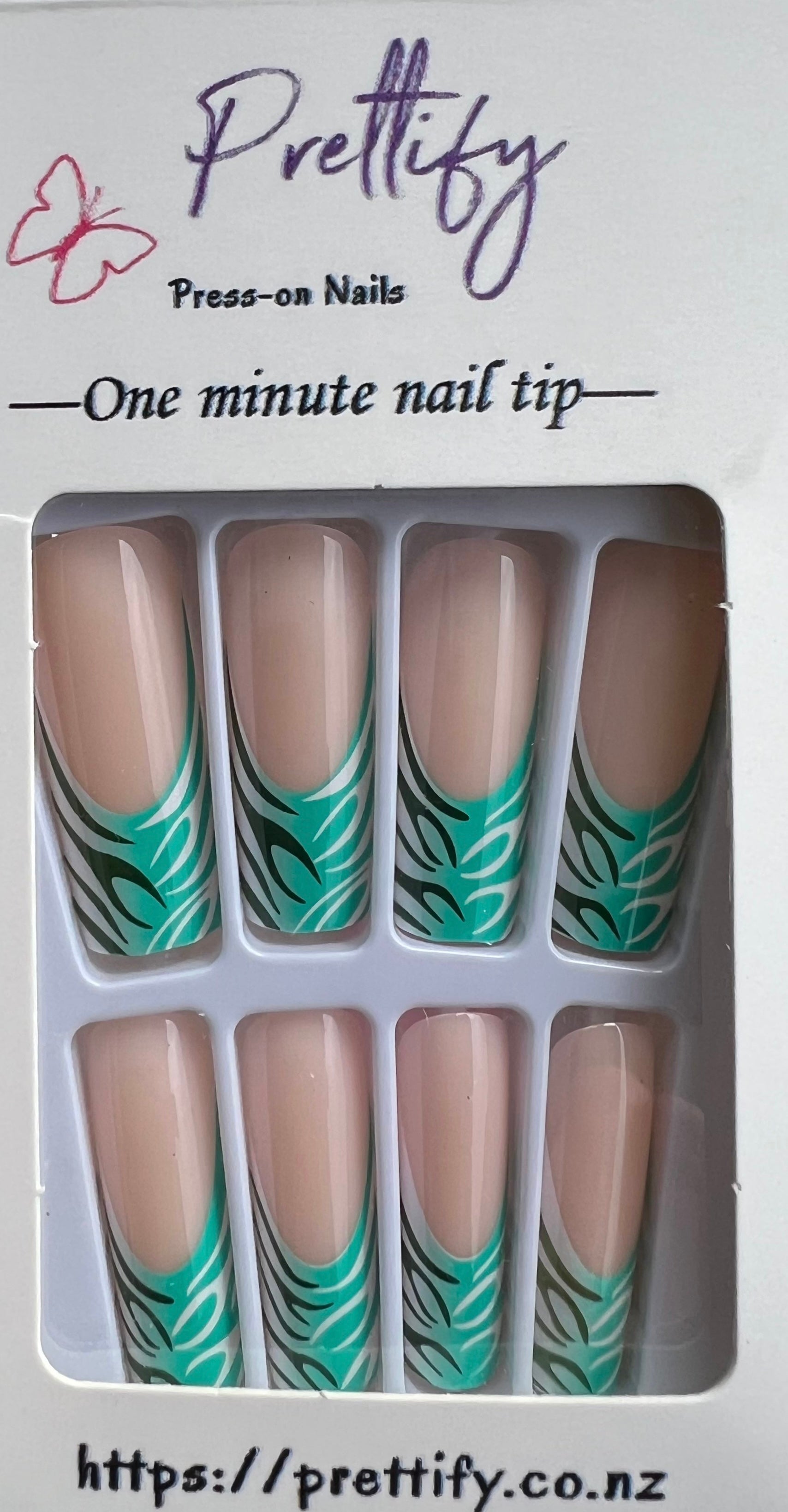 Turquoise, Dark Green & White Swirl Tips - Square Press on Nails