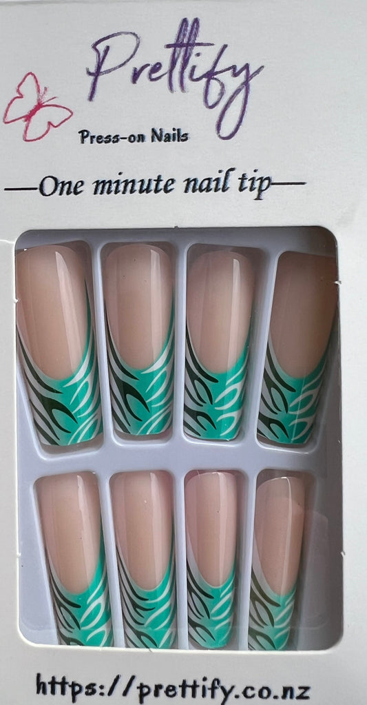 Turquoise, Dark Green & White Swirl Tips - Square Press on Nails
