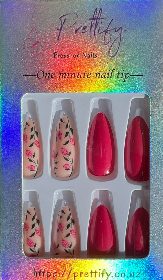 Dark Pink & Cream with Pink Flowers & Green Leaves - Almond #W447