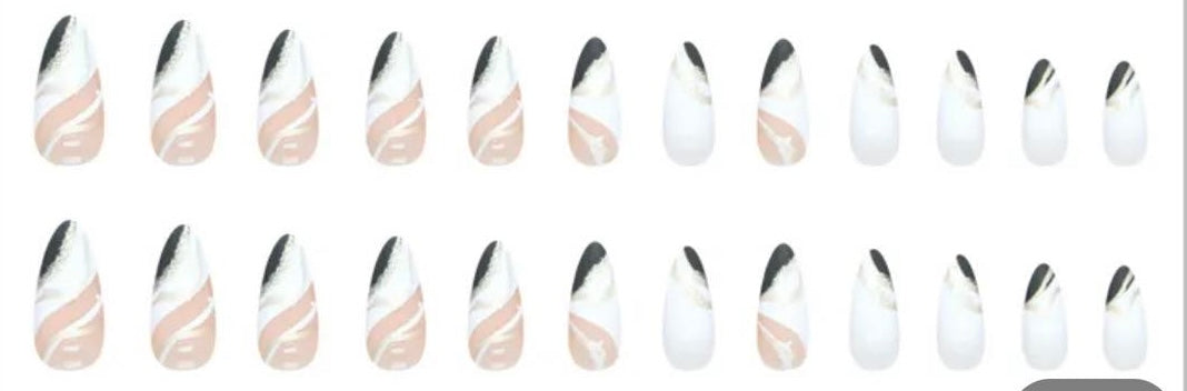 Black & White with Glitter & Gold Swirls - Almond #W529