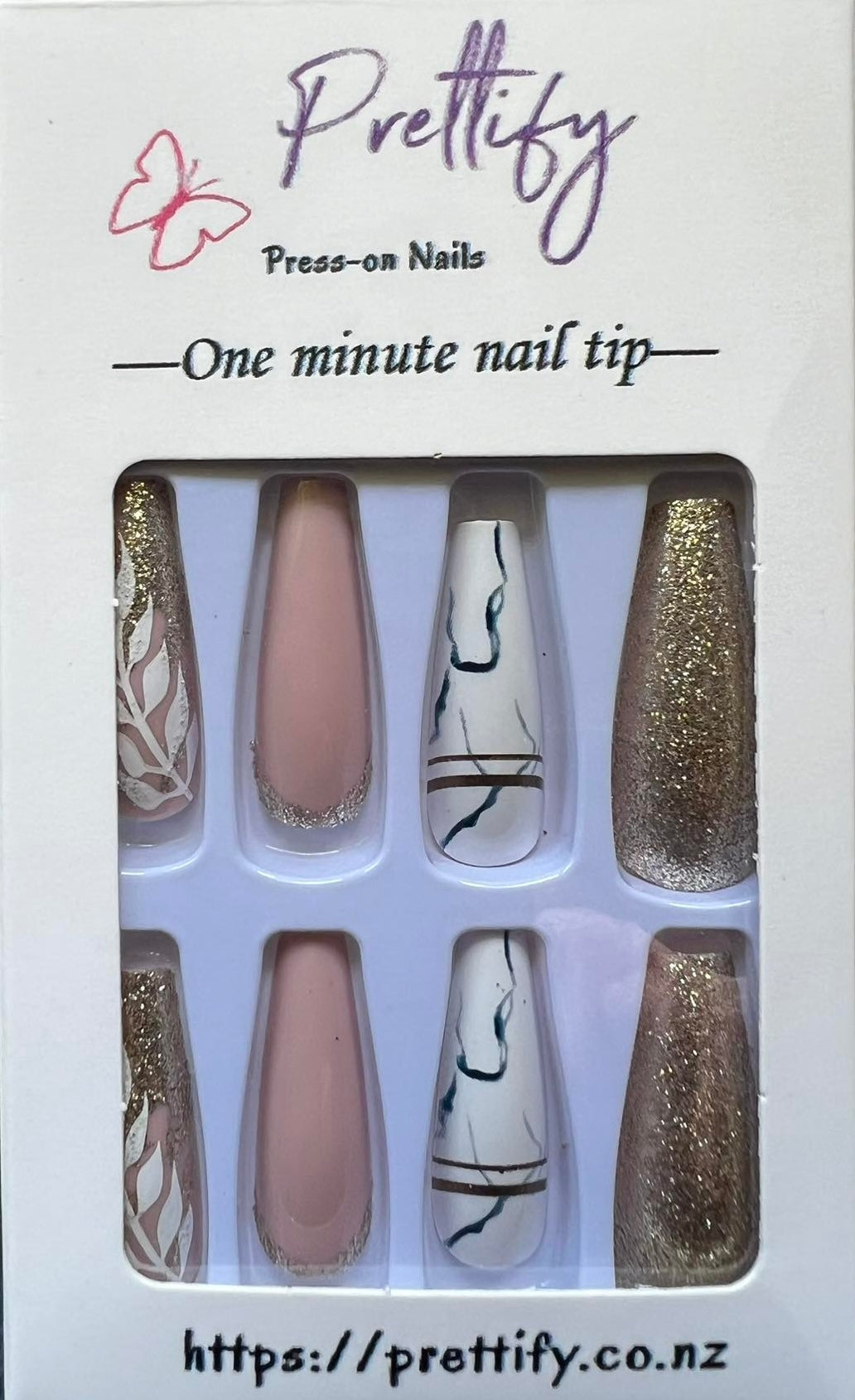 Gold Glitter, Mocha & White Marble & Gold - Coffin Press on Nails.