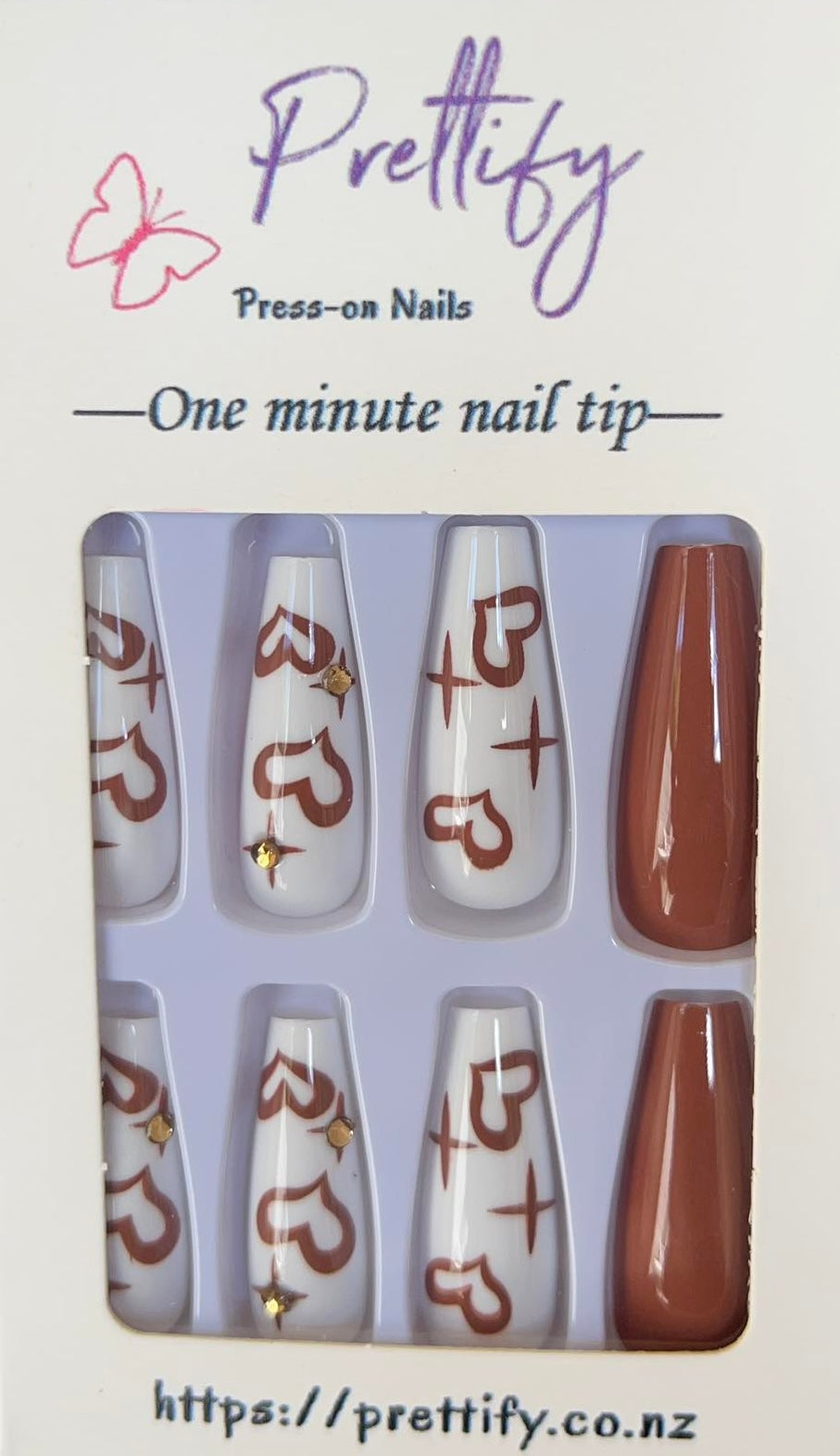 Tawny & White with Tawny Hearts - Coffin Press on Nails.