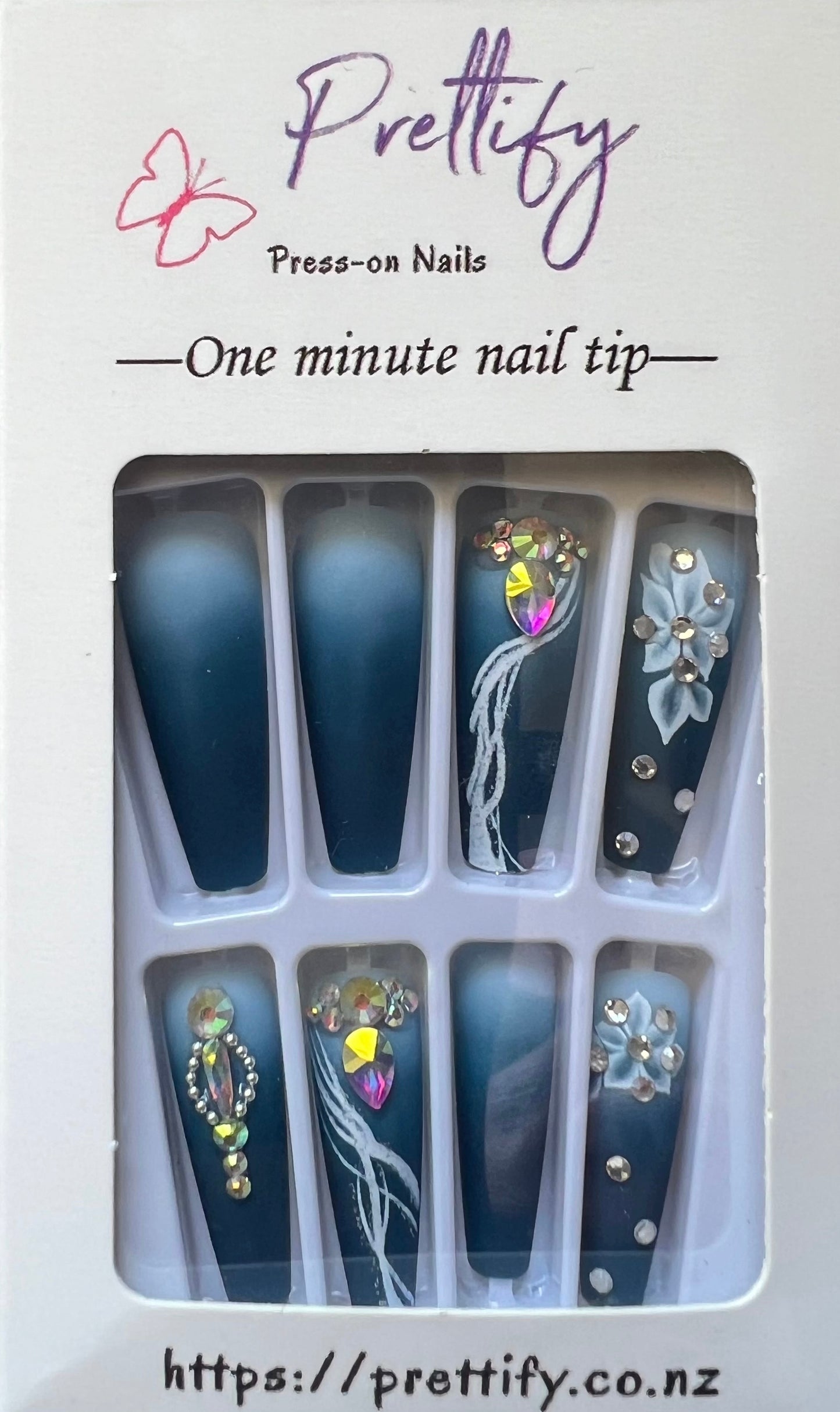 Midnight Blue & Pale Blue with White Flowers, Swirls & Jewels - Coffin #BKS1544