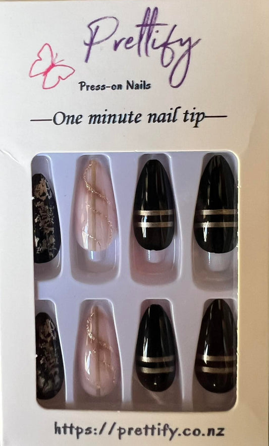 Black & Gold & Pink & Gold Almond Nails 24pcs.