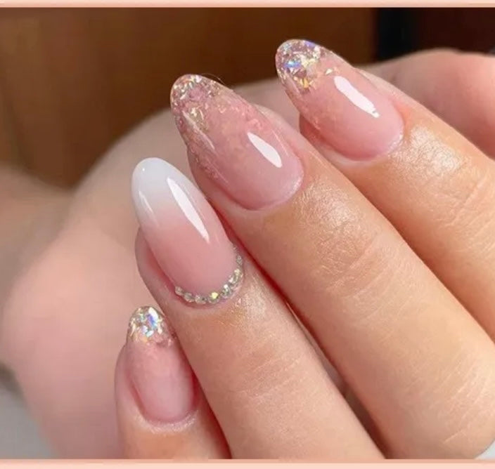 Pink Pearl with Glitter & White Tips - Oval #Z564