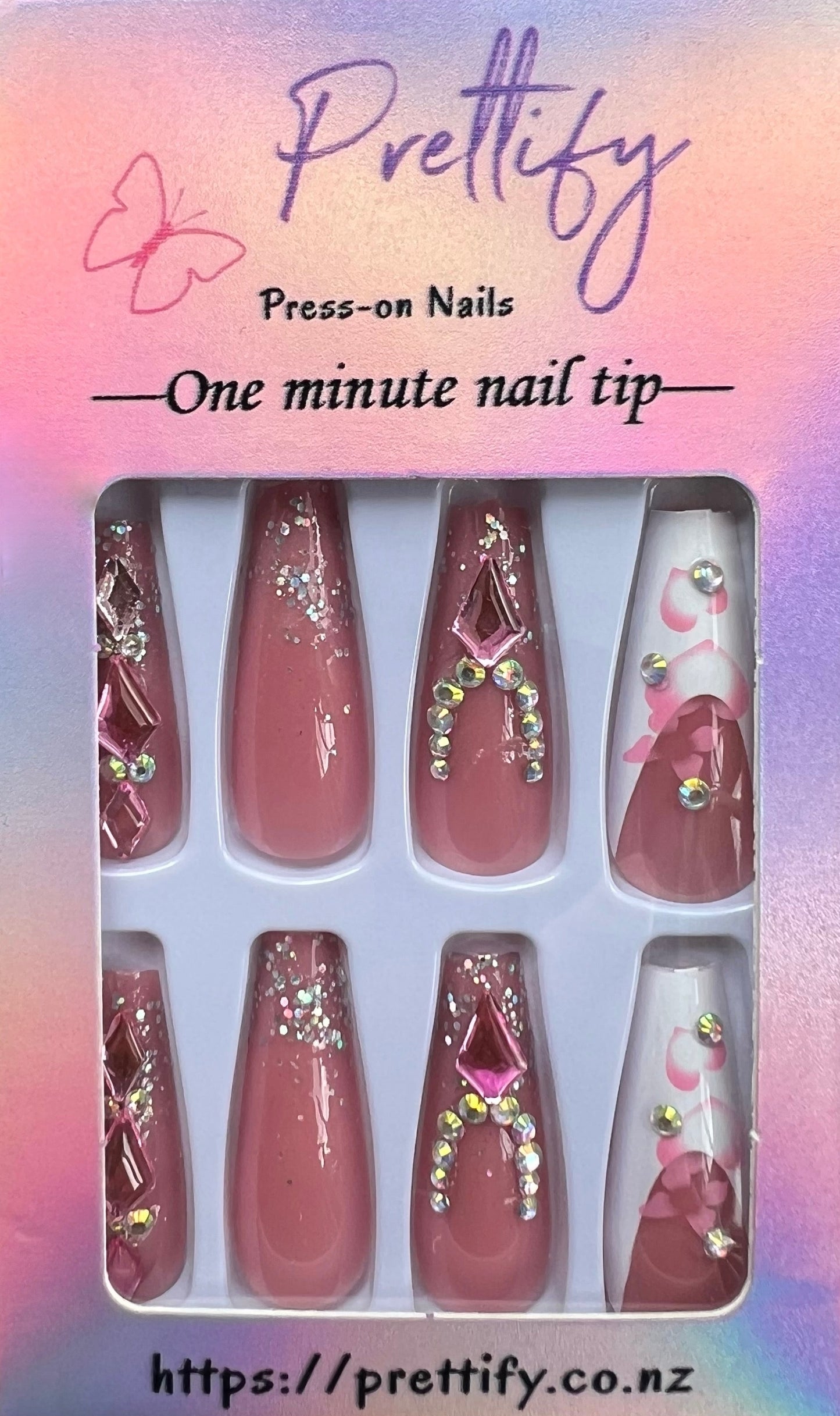 White Tips with Pink Hearts & Butterflies - Coffin #Z499