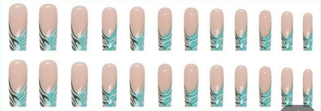 Turquoise, Dark Green & White Swirl Tips - Square Press on Nails
