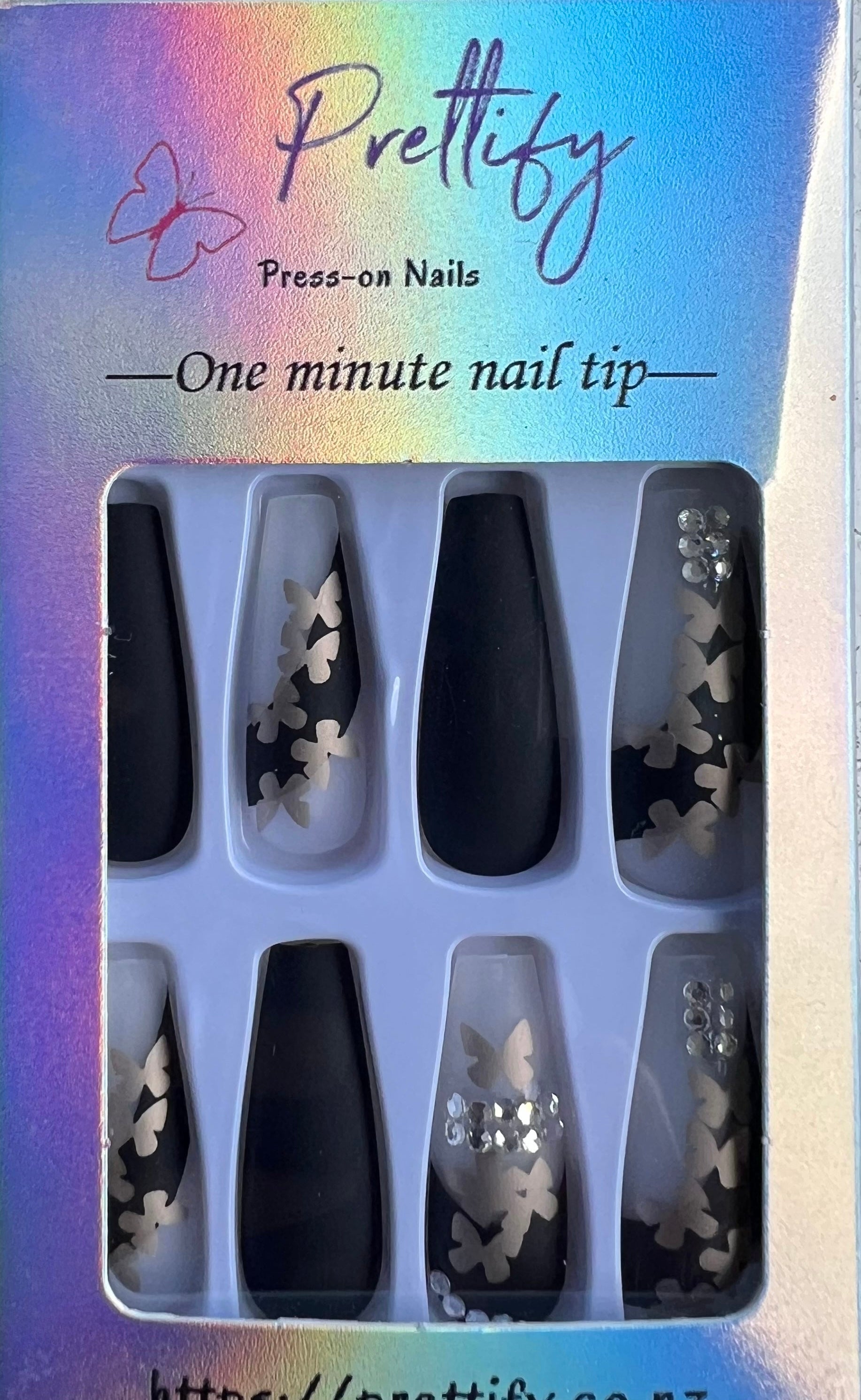 Long Coffin Press on Nails. Black, Gold Butterflies & Jewels. Durable Acrylic Press on Nails. Easy and quick to apply. Great for those special occasions, parties or add an edge to any outfit. Gorgeous, flattering and you can re-use them again and again.
