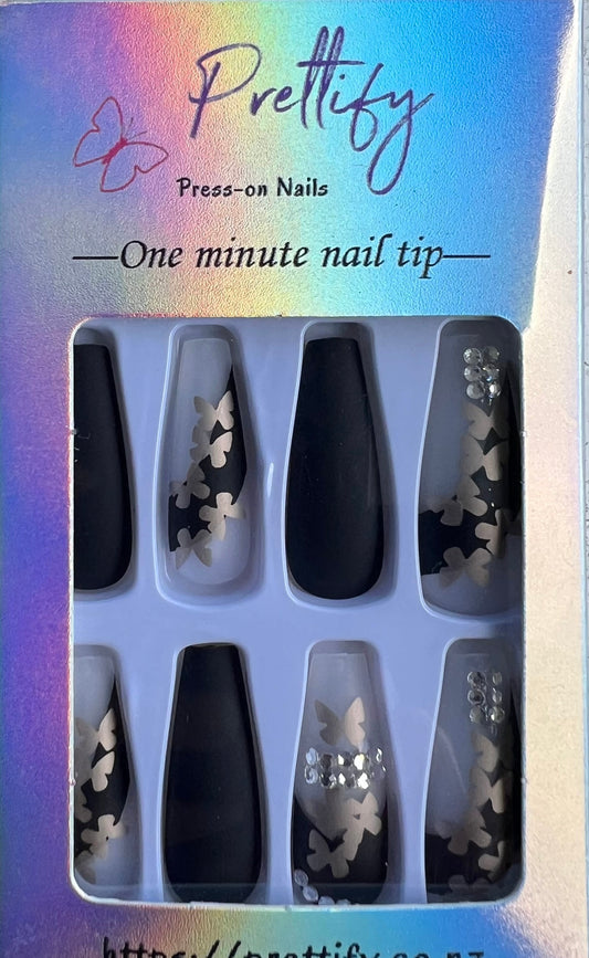 Long Coffin Press on Nails. Black, Gold Butterflies & Jewels. Durable Acrylic Press on Nails. Easy and quick to apply. Great for those special occasions, parties or add an edge to any outfit. Gorgeous, flattering and you can re-use them again and again.