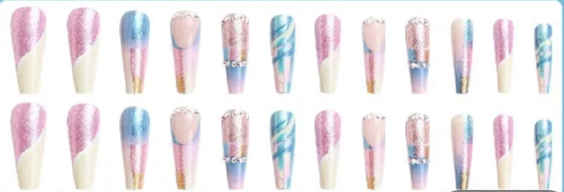 Pale Pink, Blue & Yellow with Glitter & Jewels. Long coffin.