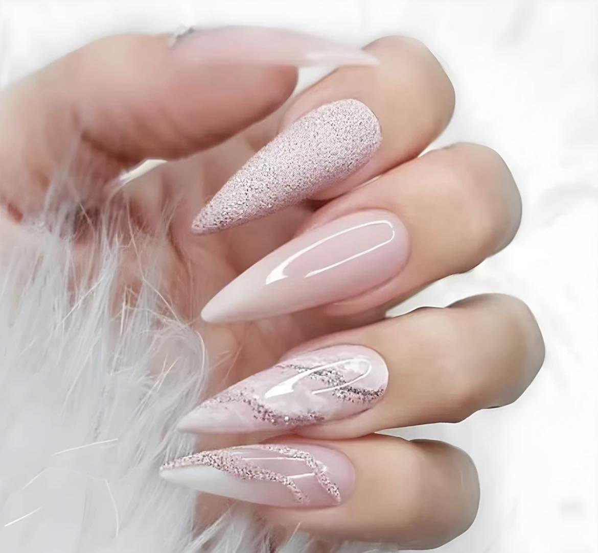 Cream & Marble with Swirls & Glitter - Almond Press on Nails.