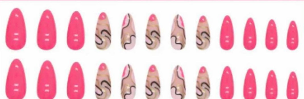 Bright Pink & Pale Pink with Black & Gold Outlines - Almond #W855