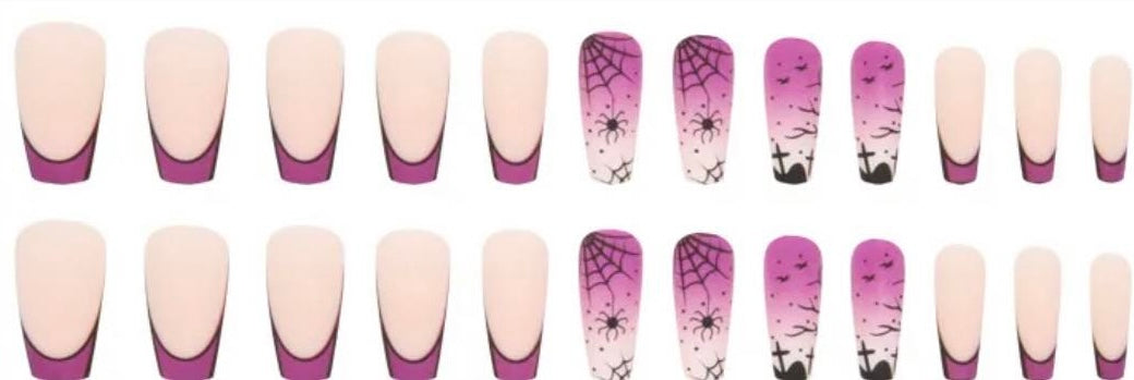 Creepy and Crawly Halloween Nails. Purple, Pink & White with Spiders and Spider Webs, Bats & Tombstones. So Spooky.