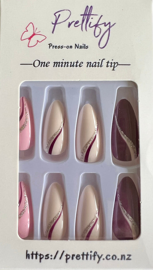 Pale Pink, Cream & Aubergine with Silver Glitter & Swirls - Almond #W271