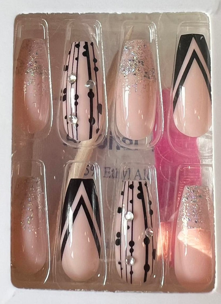 Pale Pink & Black with Jewels - Coffin #7777