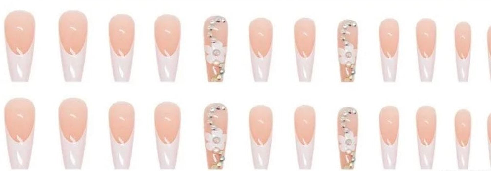 White Tips & White Flowers with Jewels - Coffin #Z270
