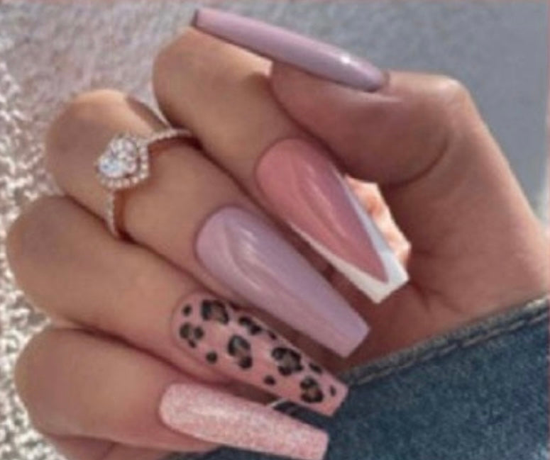Long Coffin Press on Nails. Pink, Mauve & Leopard Print. Easy and quick to apply. Great for those special occasions, parties or add an edge to any outfit. Gorgeous, flattering and you can re-use them again and again.